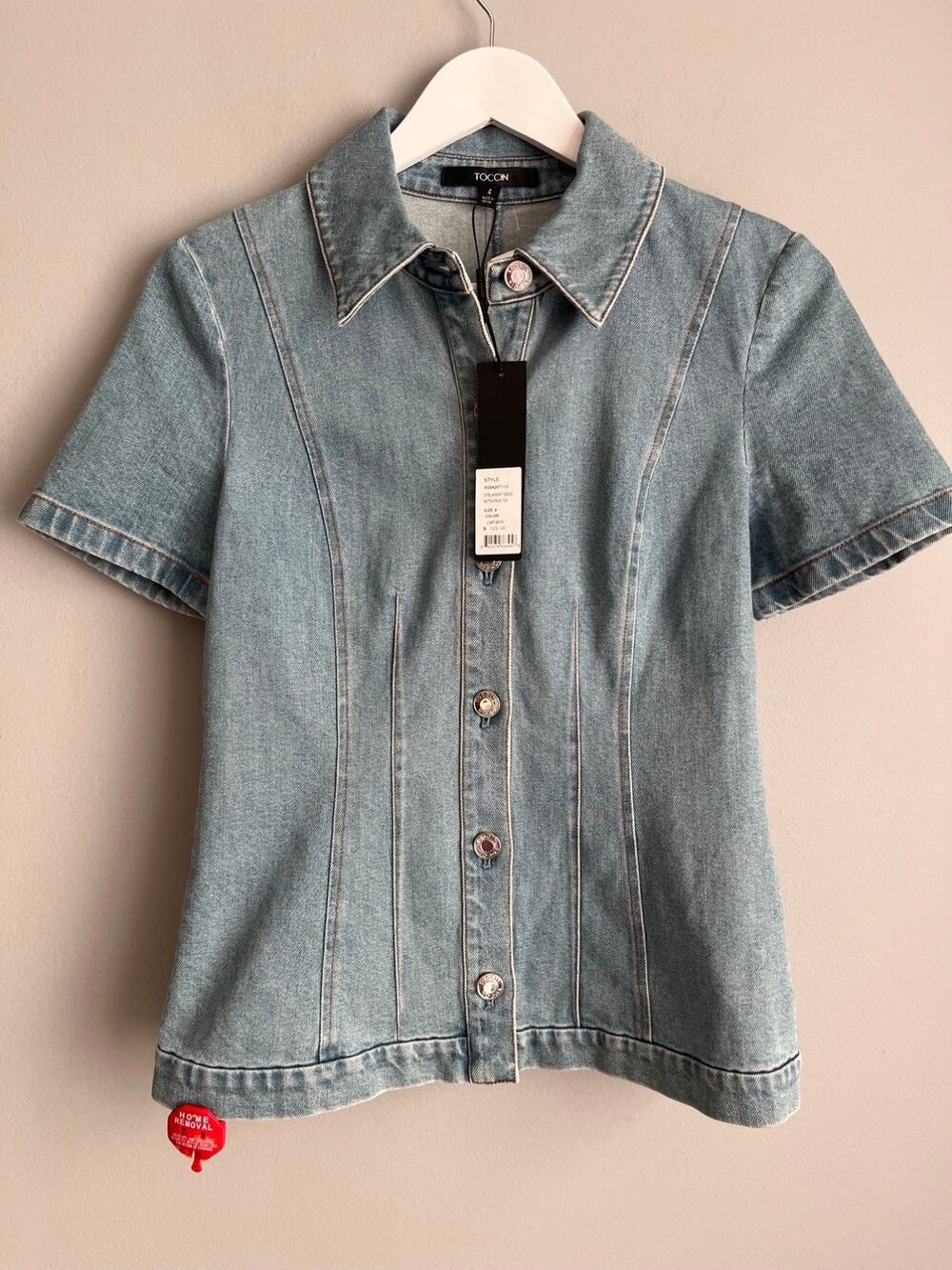 Toccin NWT Estella Denim Top 4 Light Wash Short Sleeve Button Front $425